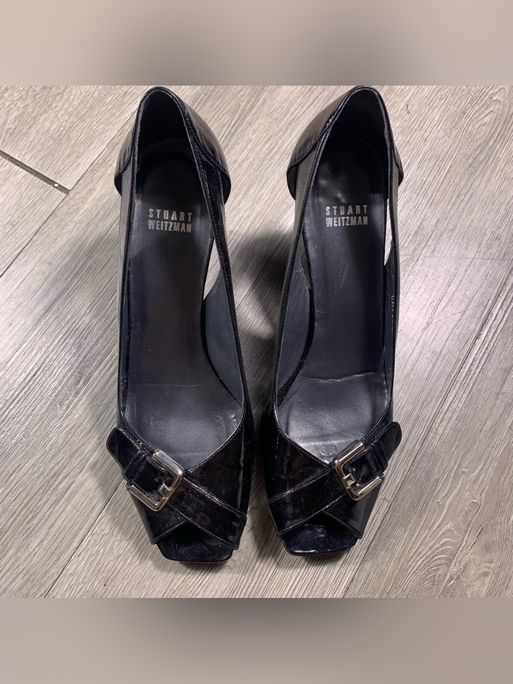 Stuart Weitzman Black Patent Leather Perp Toe Buckle Detail Wedge Heels size 10
